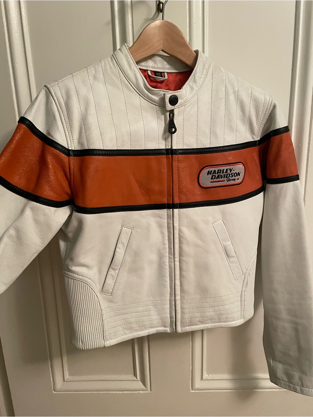 Harley-Davidson White Leather Jacket with Orange Racing Stripe